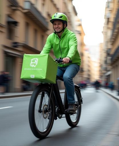 Coursier à vélo électrique rue chic du centre de Lyon